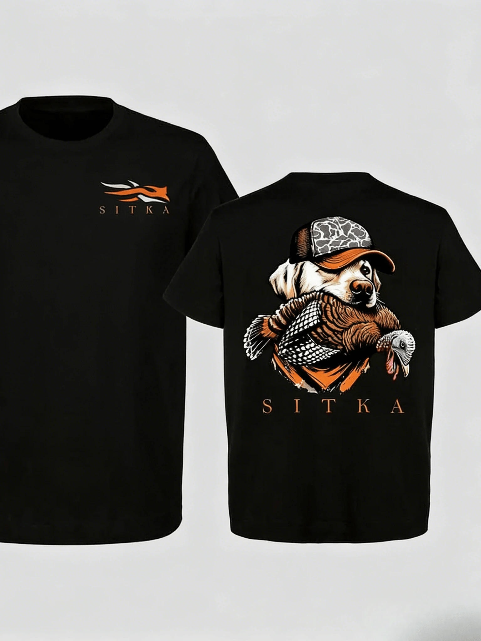 Men's Pure Cotton T-Shirt Funny Print T-Shirt,Mens Clothes, Sitka Hunting T-Shirt – Dog With Turkey Graphic, Retriever Hunting Apparel, Waterfowl & Upland Bird Tee,Summer Outfits,Streetwear,Y2k - 黑色 - 查看 1