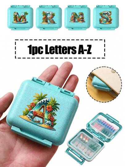 迷你六格便携药盒，蓝色小药盒，饰有热带夏威夷元素字母，可收纳一周六天的药品，首字母旅行药盒，六格便携式药盒，每日药盒，可存放维生素，小巧药盒，方便放入口袋或钱包，字母身份吊坠收纳盒，耳环、戒指、珠宝收纳盒，家庭必备，旅行必备