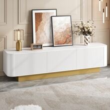 Modern Low-Screen TV With Storage – Rounded Design, Cable Management, Illustrated Front Panel – Living Room Media Console - White - View 8