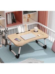 一件可折疊多功能床上折疊桌，多色多種尺寸:48.5*30cm/60*40cm，可折疊桌帶杯托、卡槽、小抽屜床上小桌子學生書桌小飯桌家用臥室床吃飯桌子宿舍電腦桌，可適用多種場景適用宿舍/臥室/客廳/沙發/戶外活動 - 附卡槽杯架(隨機色)60*40cm - 查看 3