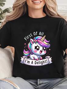 Funny Unicorn Women Summer T-Shirt First of All I'm A Delight Graphic T Shirt for Women Fashion Casual Sarcastic Tee Shirts Tops - Schwarz - Übersicht 1
