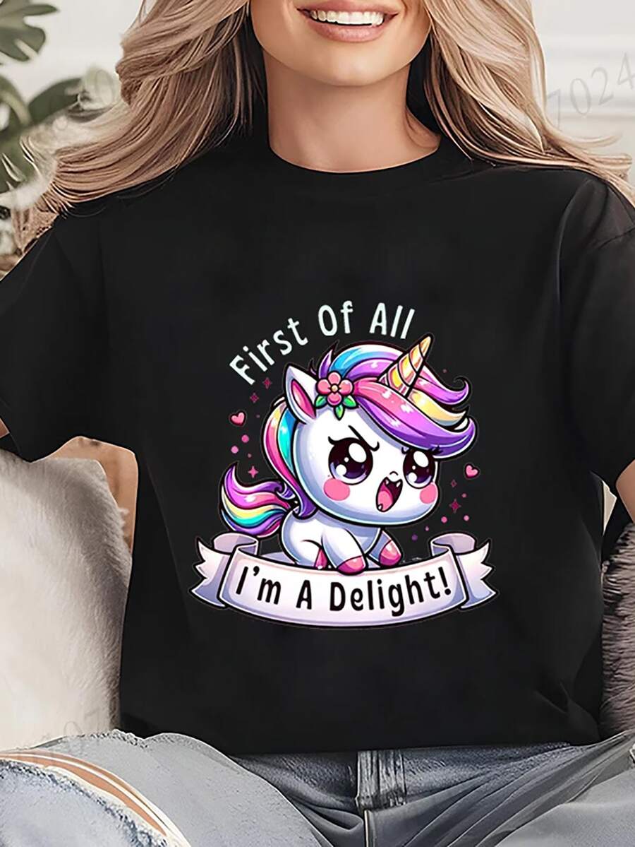 Funny Unicorn Women Summer T-Shirt First of All I'm A Delight Graphic T Shirt for Women Fashion Casual Sarcastic Tee Shirts Tops - Schwarz - Übersicht 1
