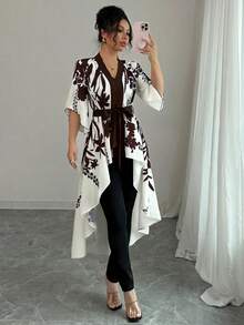 对称印花黑米色短袖收腰鱼尾下摆优雅法式衬衫，夏季 - 深棕色 - 查看 3