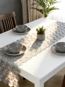 HXARTMIS 1PC, Exquisite European Style Lace Chrysanthemum Table Runner, Grey Polyester Table Dust Cover.Heat Resistant And Easy To Clean. Suitable For Home, Restaurant, Hotel And Coffee Shop. Ideal For Wedding & Party Decorations, Perfect For New Year, Birthday And Other Themed Festival Decorations. - Grey - View 7