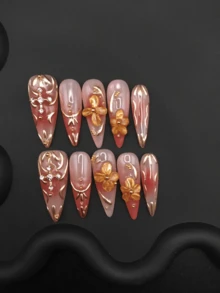 手工长尖3D雕刻复古风格金色线条和立体花朵美甲贴片，适合日常佩戴 - 彩色 - 查看 4