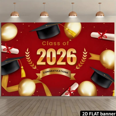 خلفية حفل التخرج المسطحة 2D، باللون الأزرق الداكن والبرتقالي، نص "تهانينا! نحن بك جدًا"، طاقية التخرج، بالونات، شهادة التخرج، بريق، ديكور الحفل، خلفية للصور، ألياف بوليستر، بدون مصدر طاقة