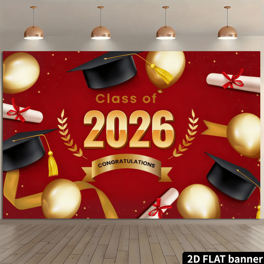 Fondo de fiesta de graduación 2D plano, azul oscuro, naranja, texto "¡Felicitaciones! ESTAMOS MUY ORGULLOSOS DE TI", gorra académica, globos, certificado de graduación, lentejuelas, decoración de fiesta, fondo de foto, fibra de poliéster, sin fuente de alimentación