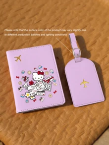 SANRIO Cat Pattern Passport Cover With Luggage Tag PU Material Suitable For Honeymoon Travel Accessories Card Holder Luggage Tag Name Badge Pendant Suitable For Holiday Vacation Travel Essentials Applicable To Travel Backpack Travel Bag Suitcase Travel Gear Back To School Backpack School Supplies - Multicolor - View 2