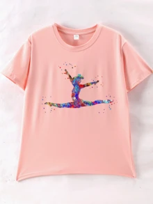 Camiseta casual de cuello redondo con estampado de niña bailarina linda para niña, verano - Rosa - Ver 2