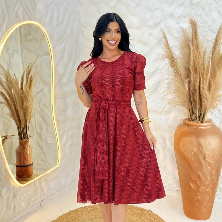 Tulle Midi Dress With Godet Cut, Evangelical Fashion, Congress Style, Elegant And Casual - Marsala cao cấp - Xem 1