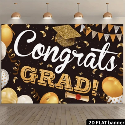 2D Flat Graduation Party Backdrop, Dark Blue, Orange, Text "Congratulations! WE ARE SO PROUD OF YOU", Academic Cap, Balloons, Graduation Certificate, Sequins, Party Decoration, Photo Background, Polyester Fiber, No Power Supply