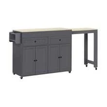 Kitchen Island Table With Wheels, Sliding Dining Table, Kitchen Island Table With Countertop And Drawers, Freestanding Mobile Kitchen Island Table, Ideal For Kitchen And Dining Room (Grey + Natural Tones) - Dark Grey - View 8