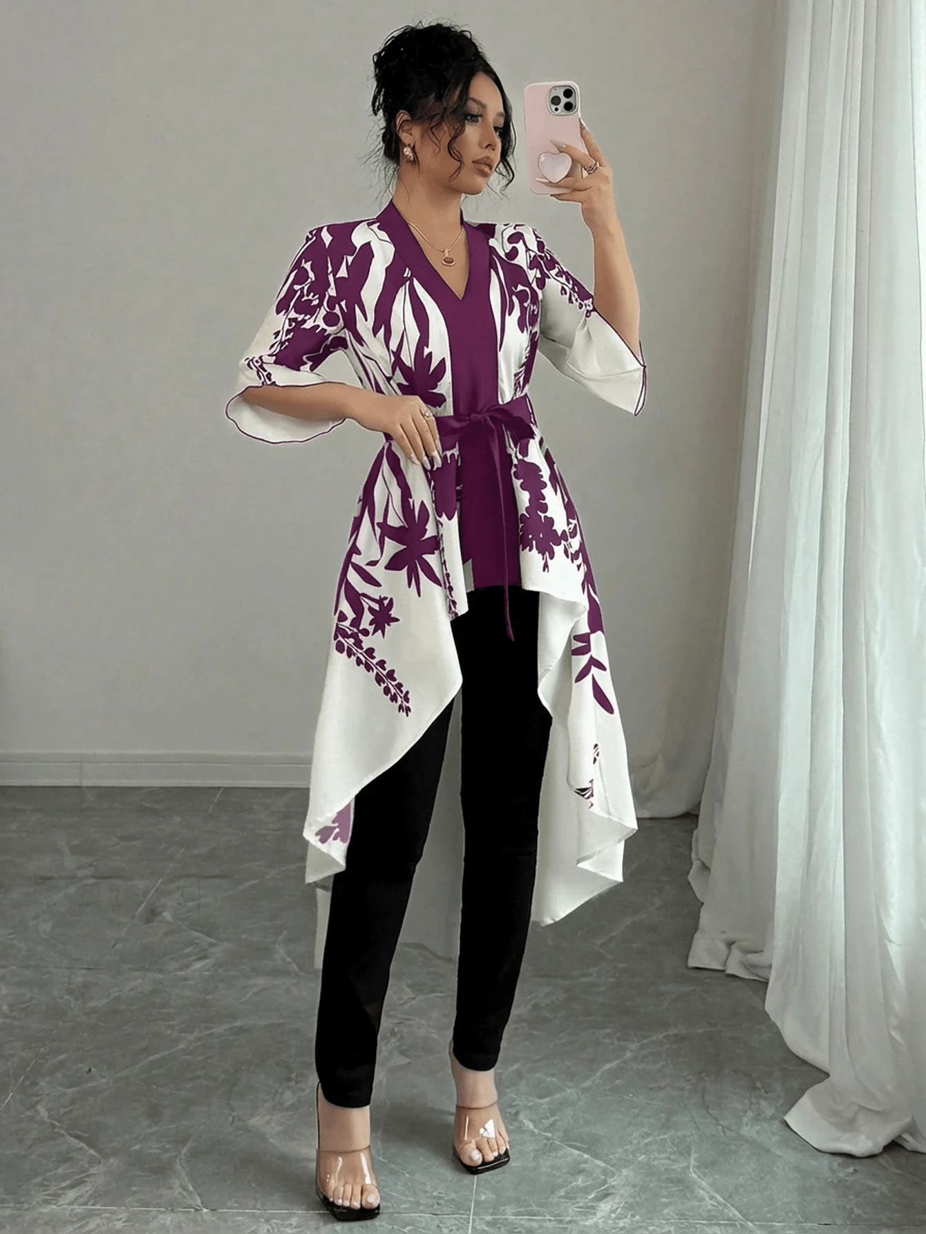 对称印花黑米色短袖收腰鱼尾下摆优雅法式衬衫，夏季 - 紫色 - 查看 1