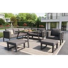 Crescent-Shaped Garden Sofa Set For 8 People / Sturdy Iron Frame With Grey Upholstery / With Glass Table, 1 Armchair And 2 Stools / Weather-Resistant Balcony Furniture - Grey - View 7