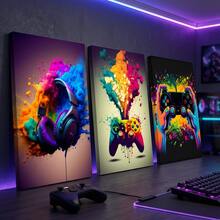 三件套游戏主题墙画 - RGB 游戏手柄和耳机帆布画，可选画框，现代游戏风格，适用于卧室、游戏室、宿舍 | 送给游戏玩家男孩、男士、青少年的完美礼物 - 家居装饰、生日礼物 - 彩色 - 查看 9