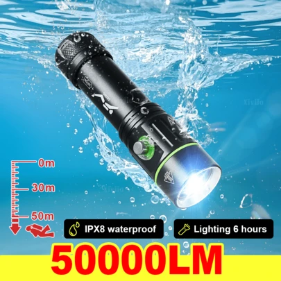 50000流明专业潜水手电筒超亮LED潜水灯18650强力50米水下照明手电筒IPX8防水