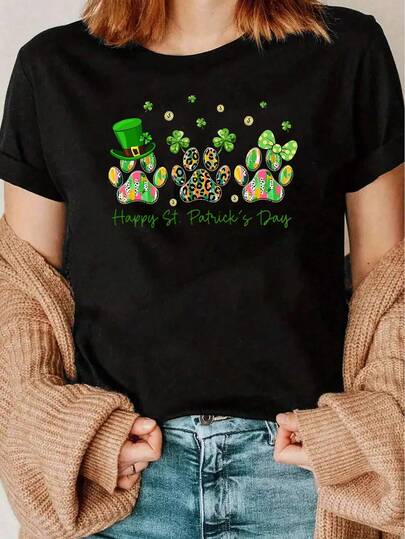 Paw Print And Hat Design St Patricks Day T Shirt Casual Wear For Women 220g