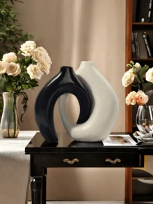 2pcs Ceramic Wreath & Donut Shaped Modern Vases, Creative Dual-Color Minimalist Style Decorative Vases For Home Decor, Suitable For Dining Table, Living Room, Entryway, Bookshelf, Fireplace, And Room Decoration - Multicolor - View 17