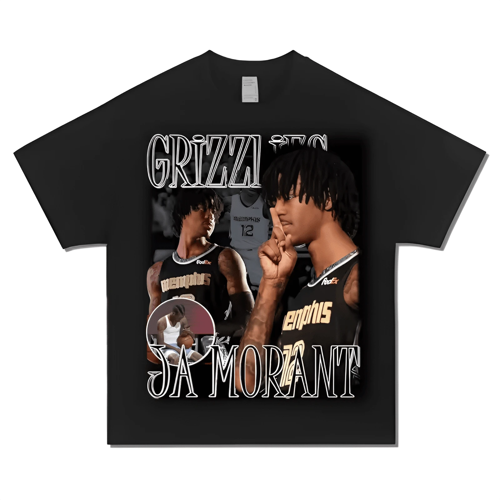 Ja Morant Silence Pose T-Shirt Soft Cotton Street Style Basketball Casual Outdoor Leisure Daily Trendyss Fashion Wear - 黑色 - 查看 1