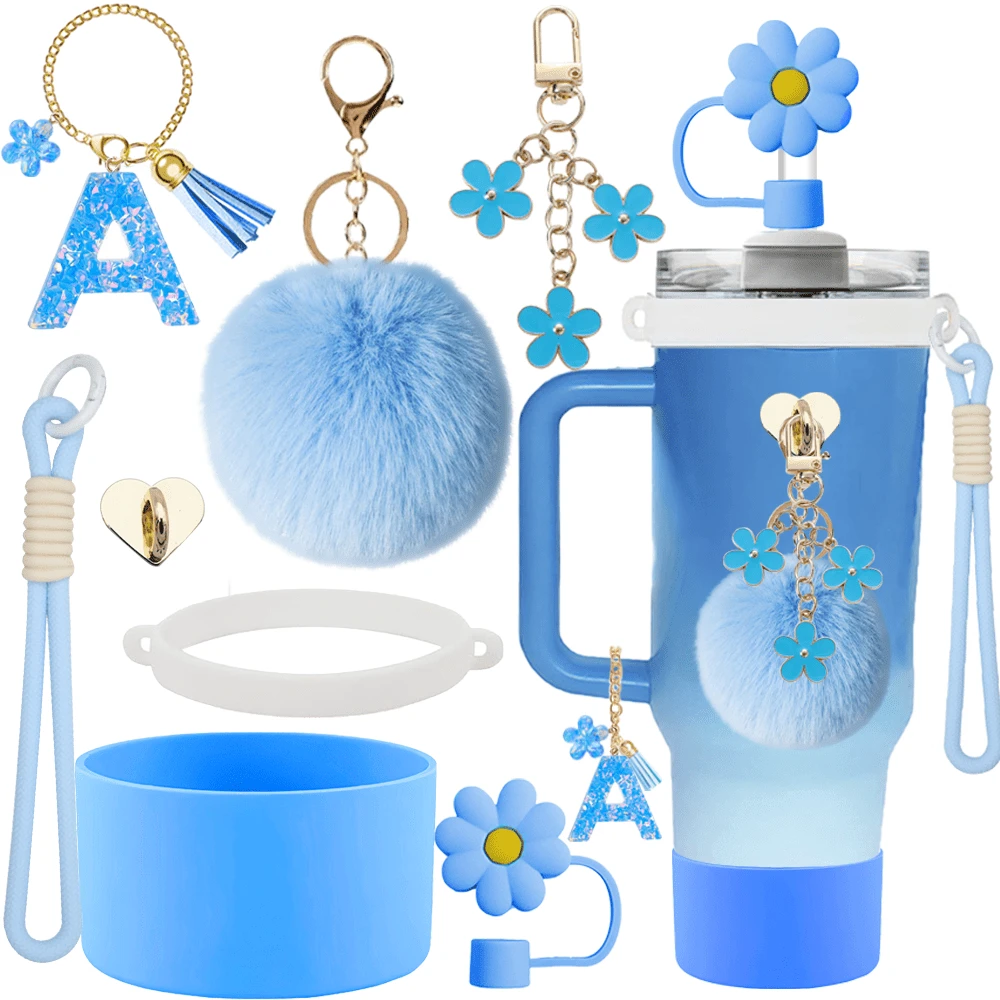 8-9毫米吸管盖，硅胶套，适用于30/40盎司杯子，女孩圣诞礼物，DIY装饰，感恩节装饰，朋友礼物装饰，圣诞派对装饰，配件，圣诞杯，返校用品 - 藍色26字母 - 查看 1