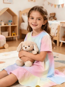 Disney Princess Collection Girls Rainbow Gradient Short Sleeve Dress, Summer Thin Kids Princess Dress - màu sắc - Xem 2