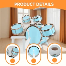 Upgraded Children's Jazz Drum Set, 5-Piece Toy Set For Preschool Children, Band Rock Jazz Drum Instrument, Suitable For 1-3/3-5 Years Old - 淺藍色 - 查看 6