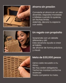 Alcancía de Madera MDF Tipo Maleta con Tabla de Ahorro $30,000 – Caja para Ahorrar Dinero con Reto Visual, Decoración para Hogar, Oficina o Regalo Original para Viajes - Marrón Mocha - Ver 3