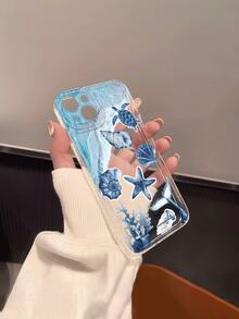 1pc Blue Gradient Wave & Beach Healing Sea Turtle, Seashell, Starfish Pattern Transparent Soft Phone Case, Anti-Slip Anti-Drop Anti-Yellow Lightweight Full Coverage Soft Shell Compatible With Apple Phones - Multicolor - View 6