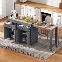 Kitchen Island Table With Wheels, Sliding Dining Table, Kitchen Island Table With Countertop And Drawers, Freestanding Mobile Kitchen Island Table, Ideal For Kitchen And Dining Room (Grey + Natural Tones) - Dark Grey - View 1