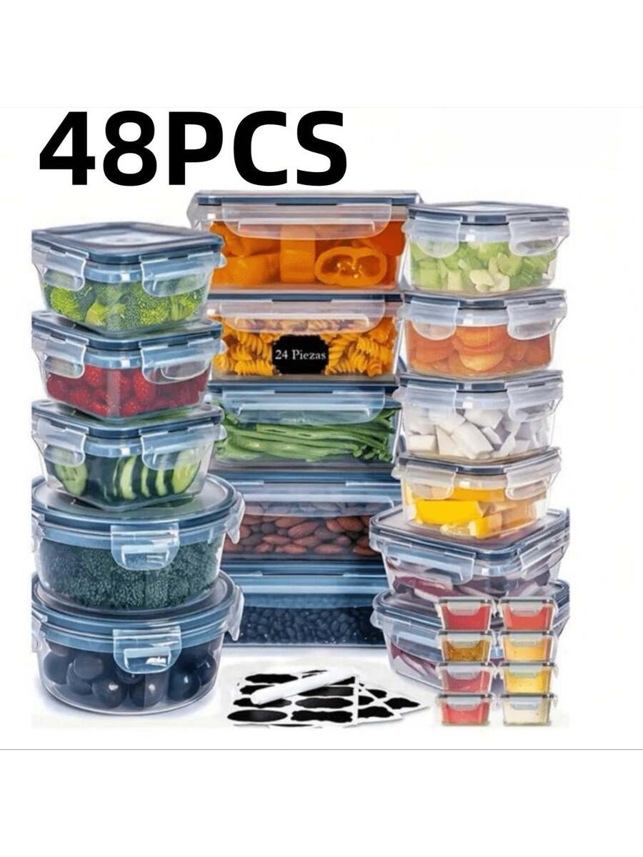 48pcs/Set Food Storage Box Set, Lunch Boxes, Fresh-Keeping Box With Easy-To-Fast Lid (24 Lids + 24 Containers) - Sealed Plastic Container For Use In Pantries, Travel, Outdoor Picnics, Kitchen Organization, Includes Labels And Markers - Transparent - View 1