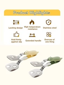 1pc/2pcs Multifunctional Stainless Steel Fish Spatula + Tongs, Lock Design, Heat Resistant, Extended Non-Slip Handle, 2-In-1 Cute Bear Shaped Tongs With Retractable Safety Clasp, Food Clip Fish Fork Convenient Oil Draining Spatula Tongs, Restaurant Kitchen Utensils, Non-Stick 304 Stainless Steel Scraper - Multicolor - View 8