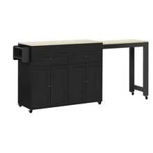 Kitchen Island Table With Wheels, Sliding Dining Table, Kitchen Island Table With Countertop And Drawers, Freestanding Mobile Kitchen Island Table, Ideal For The Kitchen And Dining Room (+ Natural Tones) - Black - View 6