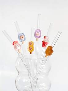 可爱冰棒造型玻璃吸管，透明，适用于冰沙、珍珠奶茶、果汁、牛奶、鸡尾酒等冷饮派对，可爱冰棒/冰淇淋系列弯头玻璃吸管，可重复使用 - 冰棒系列吸管 - 查看 4