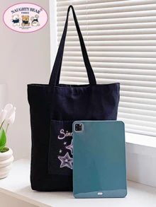 1pc Star Print One Shoulder Tote Bag, Versatile For School, Campus, Shopping, Travel, Outdoor, Casual, Large Capacity And Convenient - Black - View 3
