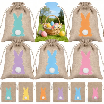 Easter Party Favor Bags Cute Bunny Burlap Drawstring Pouches For Gifts & Egg Hunts Easter Gifts.