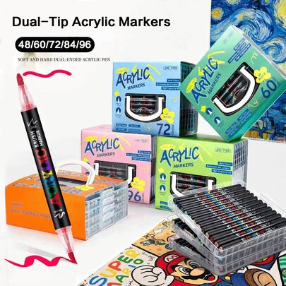 96/84/72/60/48/36/24/12 Colors Acrylic Marker Pens, Dual Tips (Chisel & Brush), Colorful Marker Set, Quick Dry & Fade Resistant, Suitable For Painting, Illustration, Crafts, Coloring Books, And Other DIY Projects On Paper, Fabric, Wood, Stone, Plastic, Glass, Ceramic, Pumpkin, Metal, Etc. Great For Easter, Thanksgiving, Halloween, Christmas Gifts