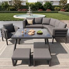 Crescent-Shaped Garden Sofa Set For 8 People / Sturdy Iron Frame With Grey Upholstery / With Glass Table, 1 Armchair And 2 Stools / Weather-Resistant Balcony Furniture - Grey - View 5