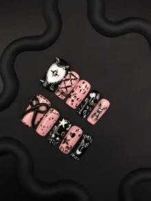 手工美甲方形3D雕刻街头风金属尖锥形兔子立体蝴蝶结按压式美甲，日常佩戴 - 彩色 - 查看 8