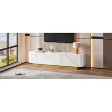 Modern Low-Screen TV With Storage – Rounded Design, Cable Management, Illustrated Front Panel – Living Room Media Console - White - View 7