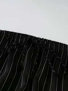 Pantalon large à taille haute rayé noir pour femmes avec taille élastique, cordon décoratif, poches, pantalon d'été décontracté - Noir - Voir 5