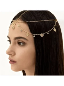 1 szt. wisior z frędzlami w stylu boho, z kryształkami i pustym sercem, odpowiedni na co dzień, na wesele, na imprezę, jako prezent na Eid dla kobiet z Bliskiego Wschodu, ozdoba na głowę, biżuteria na głowę - Złoto - Zobacz 3