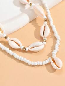 2pcs Minimalist Fashion Casual Beach Bohemian Pearl & Shell Layered Necklace Set, Suitable For Parties, Vacations, Gifts, And Daily Wear - White - View 4