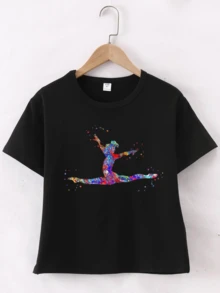 Young Girl Cute Ballet Girl Pattern Casual Crewneck T-Shirt Summer - Black - View 2