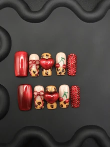 手工美甲方形3D雕刻甜美风格立体心形蝴蝶结镶嵌小钻石日常佩戴美甲贴片 - 彩色 - 查看 4