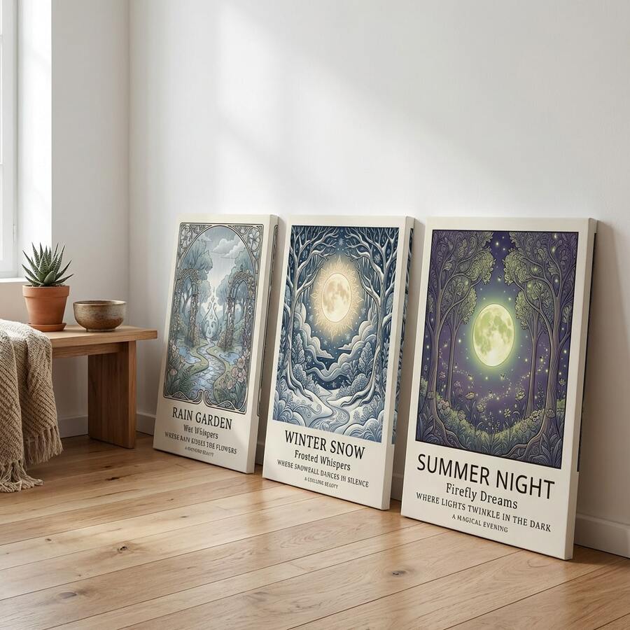 三件套威廉·莫里斯风格季节性帆布墙画——冬季雪景、夏季萤火虫和雨中花园装饰画，可选配画框