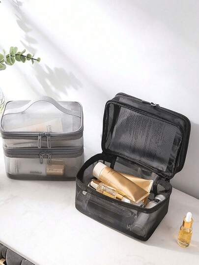 1Pc Multifunction Black Mesh Large Capacity Double Layer Travel Partition Storage Makeup Bag For Women Girls Makeup Bag Makeup Pouch Skincare Bag Toiletry Bag Packing Cubes, Travel Essentials Cruise Essentials Dorm Essentials, Wedding Bridesmaid Gifts, Mom Gifts, Birthday Gifts, Bathroom Living Room Bed Bathroom Organizer, Jewelry Organizer, Lip Oil Organizer