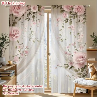 2PCS Pink Rose Curtains, Pole Bag Design, Protecting Privacy, Very Suitable For Decorating Living Rooms, Bathrooms And Other Rooms. Decorate Curtains, Spring, Give Gifts To Friends