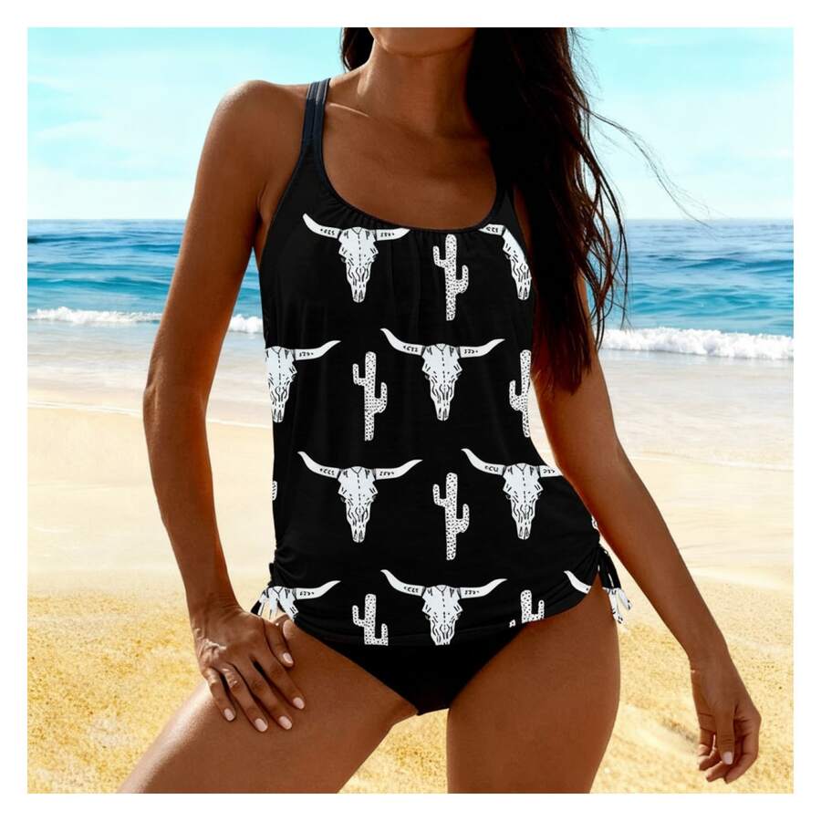 Women's Tankini Swimsuit Western Cow Skull Cactus Print Tie Side Bathing Suit Sets 2 Piece Vintage Retro Swimwear - 多色649 - 查看 1