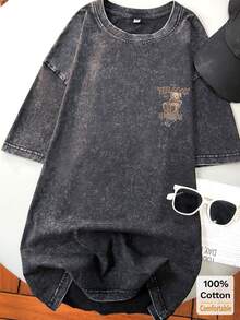 水洗超大黑色卡通熊短袖T恤，宽松修身复古风休闲夏季款 - 黑色 - 查看 3