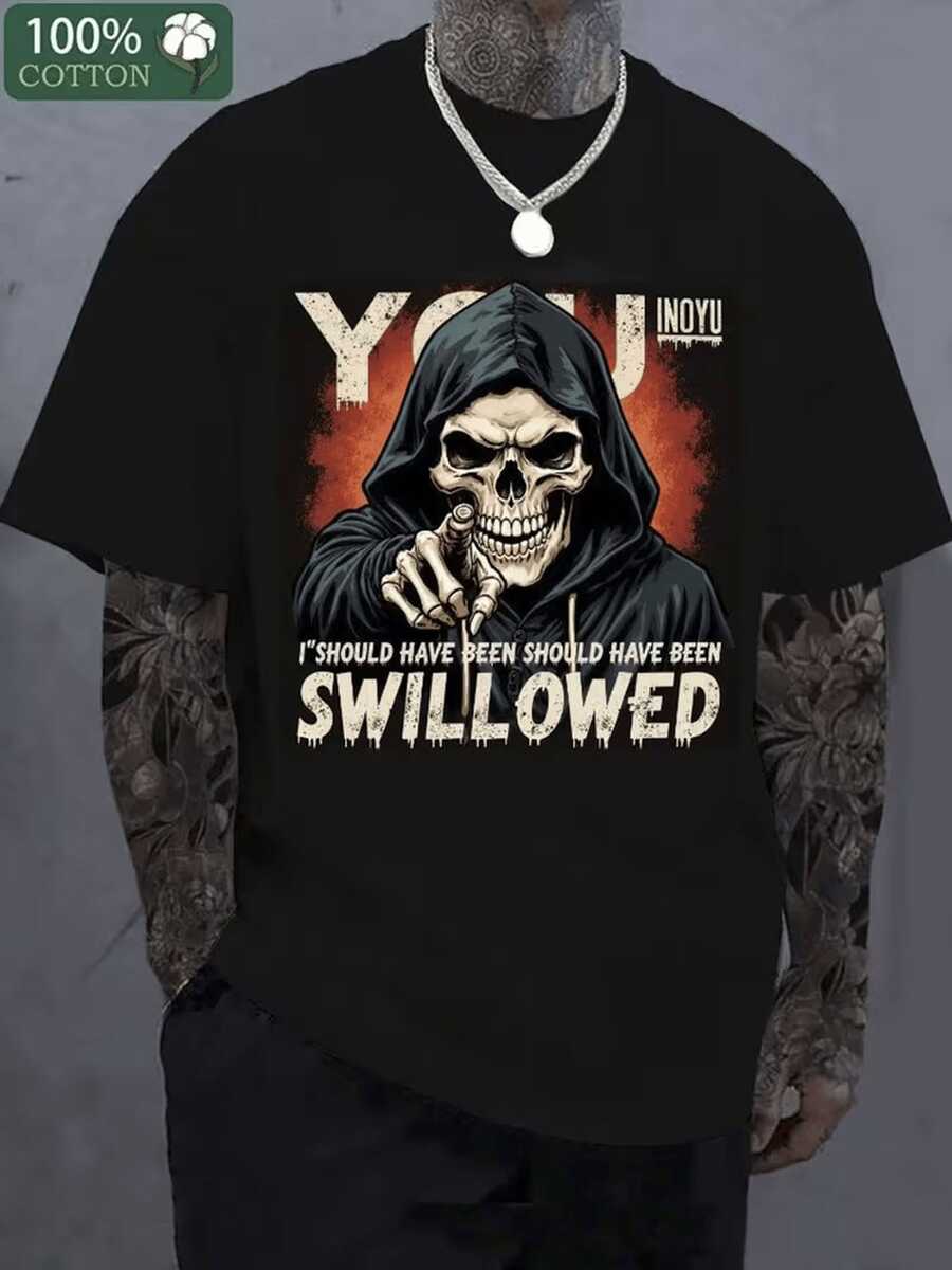 Camiseta con Diseño de Calavera Llamóndrica y Texto "YOU" – Camiseta de estilo gótico urbano de corte holgado, con estampado de calavera en llamas, diseño casual de cuello redondo, adecuada para moda alternativa y uso en todas las estaciones (lavable a máquina). - Negro - Ver 1